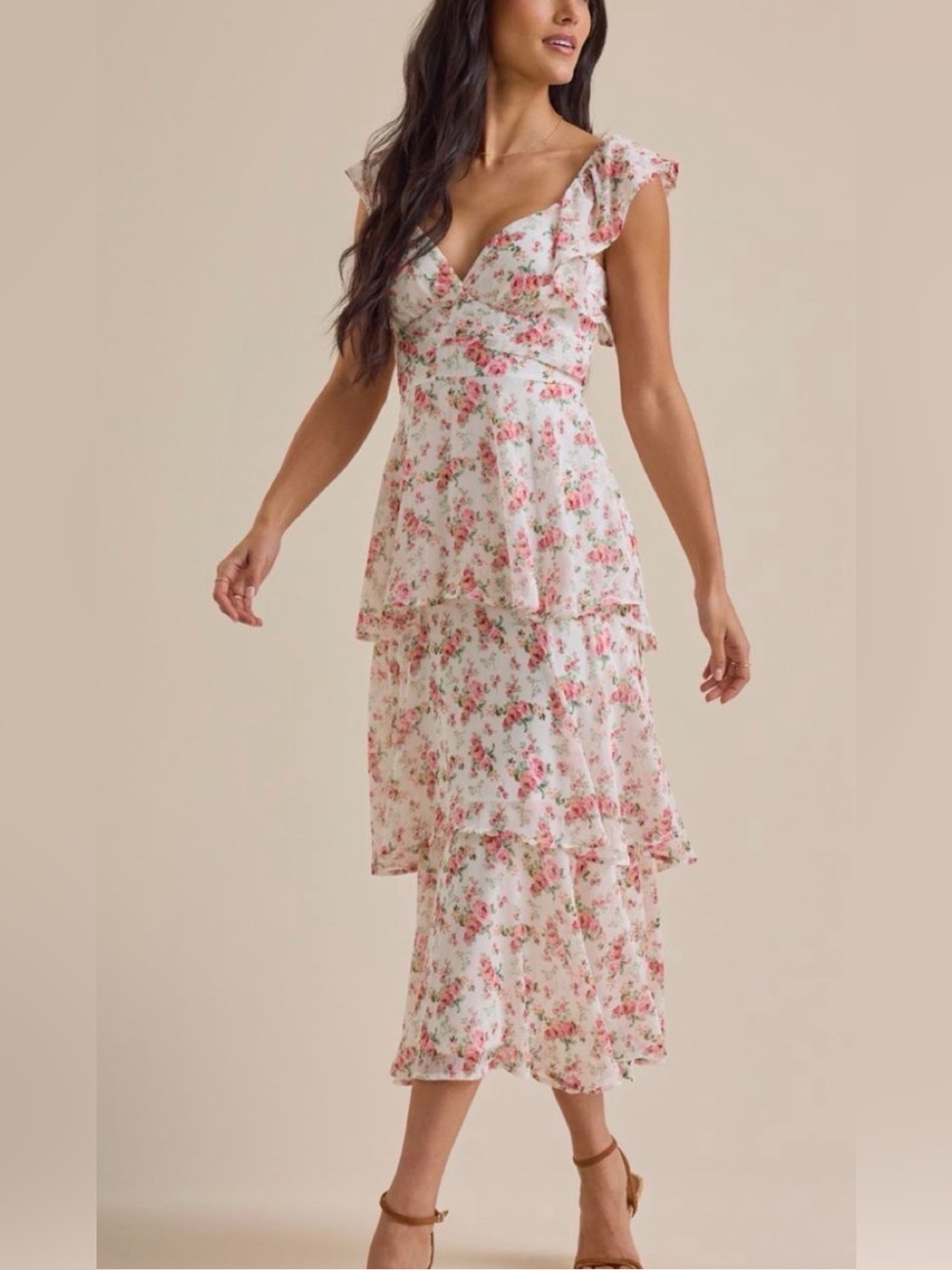 Altar'd State White Midi Dress with Pink Floral Print